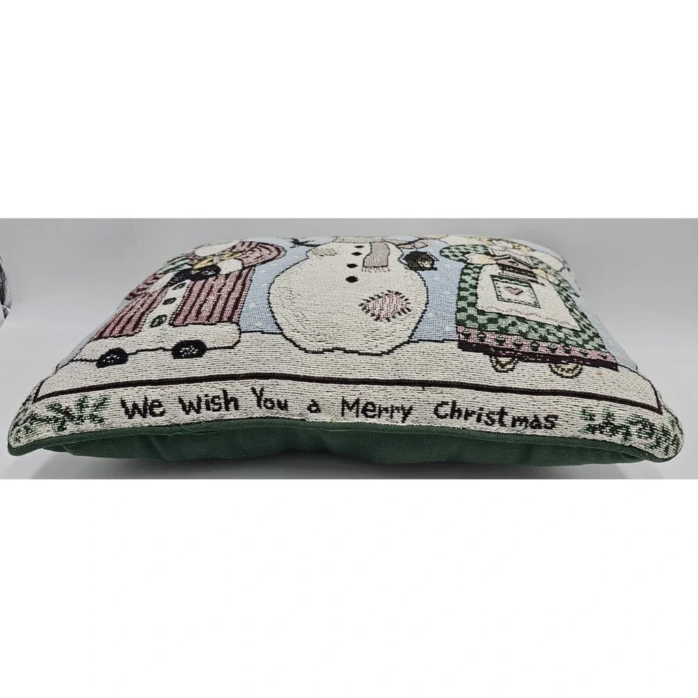 Tapestry Christmas Throw Pillow Santa Snowman Angel Holiday Decor 17x12 Vintage